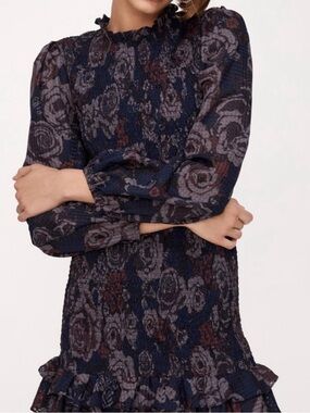 Zara Navy and Gray Floral Smocked Long-Sleeve Dress